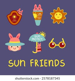 Cute happy character protect themselves from the sun and become friends