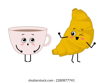 Cute happy characters - cup of tea and croissant. Best friends. Vector illustration isolated on white background