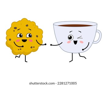 Cute happy characters - cup of tea and cookie. Best friends. Vector illustration isolated on white background