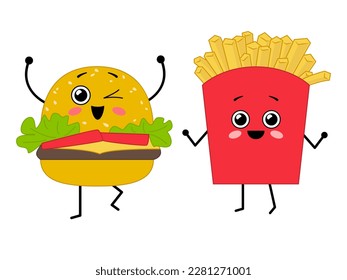 Cute happy characters - hamburger and fries. Best friends. Vector illustration isolated on white background