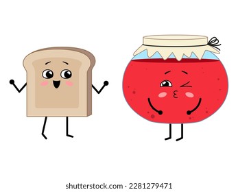 Cute happy characters - toast and jam. Best friends. Vector illustration isolated on white background