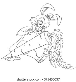 cute happy and cheerful cartoon easter bunny (paschal rabbit) is holding big and tasty carrot for the holiday dinner, isolated on a white background