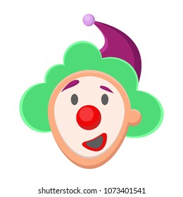 Cute happy cheerful face clown with green curly hair, red nose, purple hat with a shag, smiles, laughs. Circus. Merriment, entertainment, show. Modern vector flat image isolated on white background.