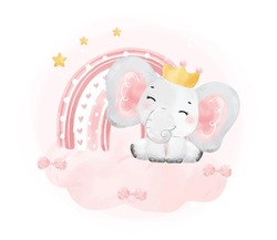 Süßes Fröhliches Lächeln, Baby Rosa Elefantenmädchen Und Boho Regenbogen Auf Rosafarbener Wolke, Bezaubernde Geburtstagskartoon Für Wildtiere