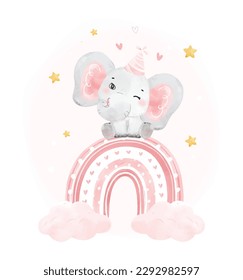 cute happy cheerful smile baby pink elephant girl sitting on pink rainbow, adorable nursery birthday wildlife animal watercolor cartoon illustration