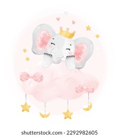 cute happy cheerful smile baby pink elephant girl on night pink cloud, adorable nursery birthday wildlife animal watercolor cartoon illustration