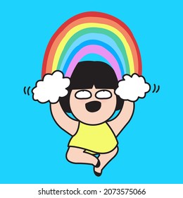 Cute Happy Cheerleader With Cloud Pom Poms And Rainbow Concept Card Character illustration