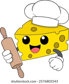 A cute and happy cheese block wearing a chef hat, holding a rolling pin in one hand with a bright smile and playful expression