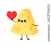 Cute happy cheese character. Funny food emoticon in flat style. Dairy emoji vector illustration.