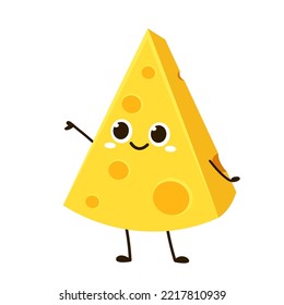 Cute happy cheese character. Funny food emoticon in flat style. Dairy emoji vector illustration.