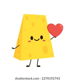 Cute happy cheese character. Funny food emoticon in flat style. Dairy emoji vector illustration.