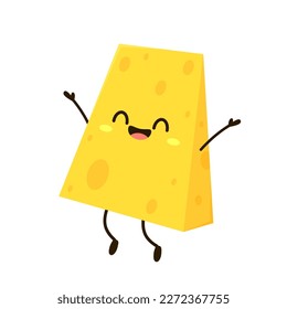 Cute happy cheese character. Funny food emoticon in flat style. Dairy emoji vector illustration.