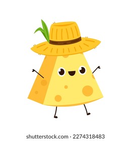 Cute happy cheese character. Funny food emoticon in flat style. Dairy emoji vector illustration.