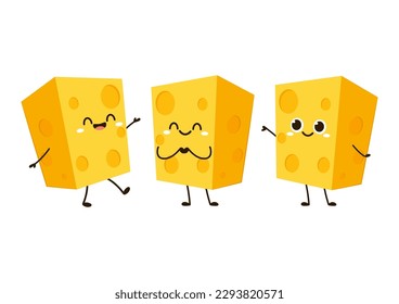 Cute happy cheese character. Funny food emoticon in flat style. Dairy emoji vector illustration.