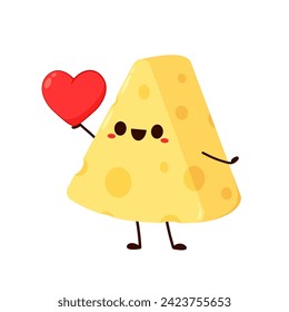 Cute happy cheese character. Funny food emoticon in flat style. Dairy emoji vector illustration.