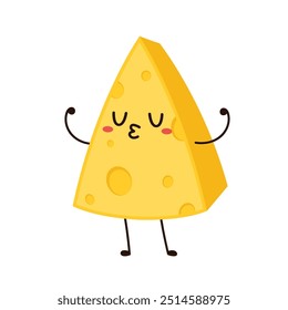 Cute happy cheese character. Funny food emoticon in flat style. Dairy emoji vector illustration.