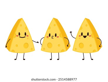 Cute happy cheese character. Funny food emoticon in flat style. Dairy emoji vector illustration.