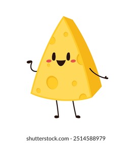Cute happy cheese character. Funny food emoticon in flat style. Dairy emoji vector illustration.