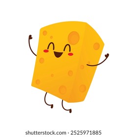 Cute happy cheese character. Funny food emoticon in flat style. Dairy emoji vector illustration.