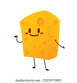 Cute happy cheese character. Funny food emoticon in flat style. Dairy emoji vector illustration.