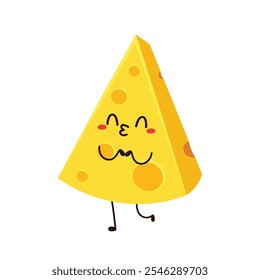 Cute happy cheese character. Funny food emoticon in flat style. Dairy emoji vector illustration.