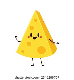 Cute happy cheese character. Funny food emoticon in flat style. Dairy emoji vector illustration.