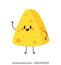 Cute happy cheese character. Funny food emoticon in flat style. Dairy emoji vector illustration.
