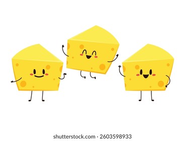 Cute happy cheese character. Funny food emoticon in flat style. Dairy emoji vector illustration.
