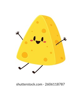 Cute happy cheese character. Funny food emoticon in flat style. Dairy emoji vector illustration.