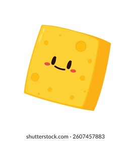 Cute happy cheese character. Funny food emoticon in flat style. Dairy emoji vector illustration.