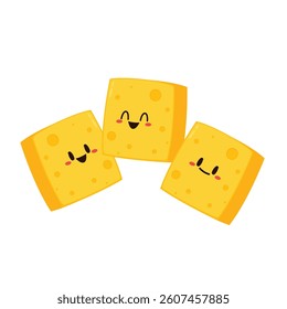 Cute happy cheese character. Funny food emoticon in flat style. Dairy emoji vector illustration.