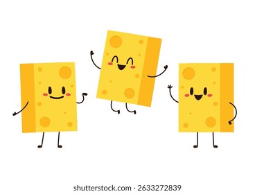 Cute happy cheese character. Funny food emoticon in flat style. Dairy emoji vector illustration.