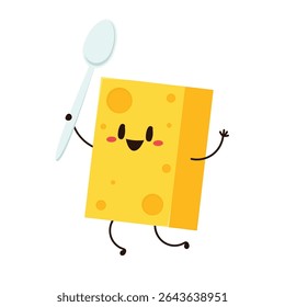 Cute happy cheese character. Funny food emoticon in flat style. Dairy emoji vector illustration.