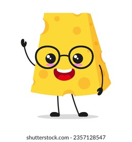 Cute happy cheese character wear eyeglasses. Smiling and greet food cartoon emoticon in flat style. dairy vector illustration