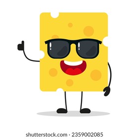 El personaje de la rebanada de queso alegre lindo usa gafas de sol. Comida divertida saluda a un amigo emoticono de dibujos animados en estilo plano. ilustración vectorial de corte de queso emoji