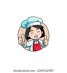 Cute and happy chef girl with thumbs up gesture simple Vector Logo Mascot Design
