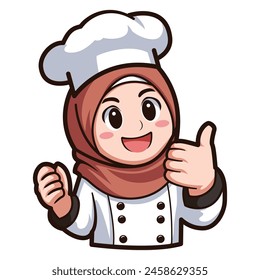 cute happy chef hijab shows thumb up vector illustration template design. moslem woman cooking