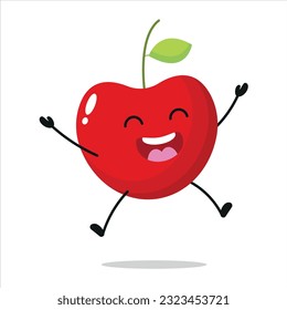 Carácter de cerezo alegre. Divertido emoticono de caricatura de saltos en estilo plano. Ilustración vectorial de emoji de frutas