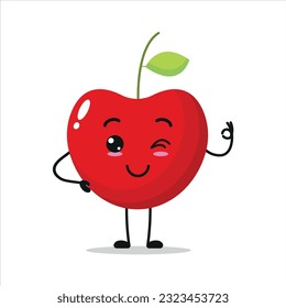 Cute happy cherry character. Funny smiling and blink cherry cartoon emoticon in flat style. Fruit emoji vector illustration