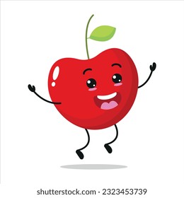 Cute happy cherry character. Funny jump celebration cherry cartoon emoticon in flat style. Fruit emoji vector illustration