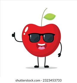 Cute happy cherry character wear sunglasses. Funny cherry greet friend cartoon emoticon in flat style. Fruit emoji vector illustration