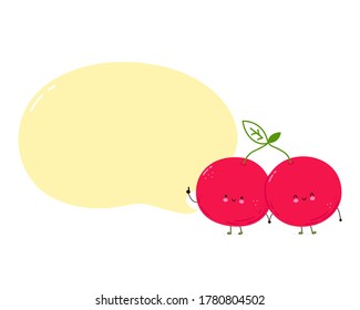 Cute happy cherry couple with speech bubble. Isolated on white background. Vector cartoon character hand drawn style illustration
