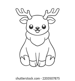 Cute happy chibi style sitting reindeer with antlers animal outline doodle cartoon illustration. Winter wildlife Christmas theme coloring book page activity for kids and adults.