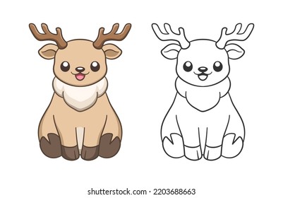 Cute happy chibi style sitting reindeer with antlers animal outline and colored doodle cartoon illustration set. Winter Christmas theme coloring book page activity for kids and adults.