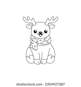 Cute happy chibi style sitting reindeer animal outline doodle cartoon illustration