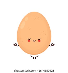 Cute Happy Chicken Egg Meditate In Yoga Pose. Vector Flat Cartoon Character Illustration Icon Design.Isolated On White Background. Chicken Egg, Easter Concept