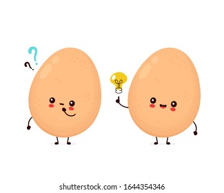 Cute happy chicken egg with question mark and idea lightbulb. Vector flat cartoon character illustration icon design.Isolated on white background. Chicken egg, Easter concept