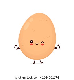 Cute happy chicken egg show muscle. Vector flat cartoon character illustration icon design.Isolated on white background. Chicken egg, Easter concept