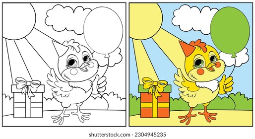 Cute happy chicken wth balloon. Vector cartoon illustration. Kids coloring page with a color sample. For print, design, poster, sticker, card, decoration, t shirt design and coloring pages books