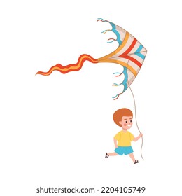 Cute and happy child boy playing with colorful kite, flat vector illustration isolated on white background. Kid flying kite. Concept of summer outdoor activity and games for children.